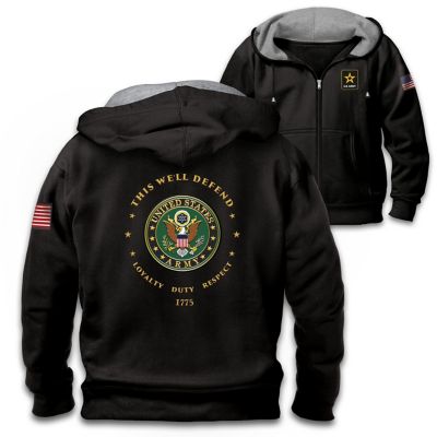 Proud To Serve U.S. Army Mens Black Knit Fleece Front-Zip Hoodie