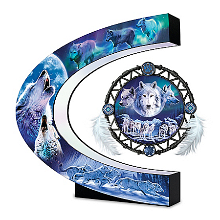 Robin Koni Mystic Calling Levitating Dreamcatcher Sculpture With Vivid Wolf Art