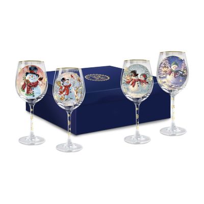 Dona Gelsinger Holiday Cheer Snowman Art Wine Glass Set Rimmed In 12K Gold