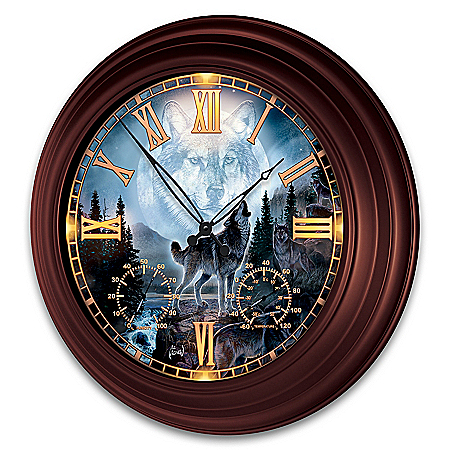 Al Agnew Majestic Presence Wolf-Themed Outdoor Illuminated Atomic Wall Clock