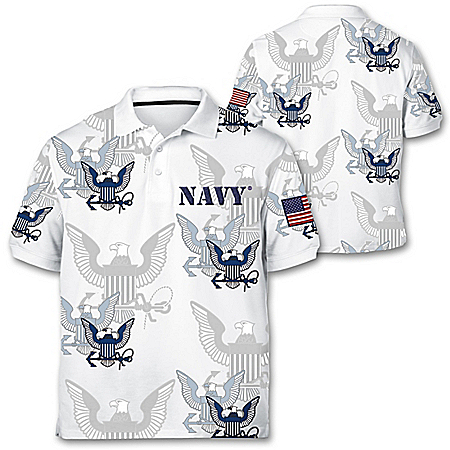 Navy Pride Mens Custom All-Over Print Polo Shirt With Embroidered American Flag Patch