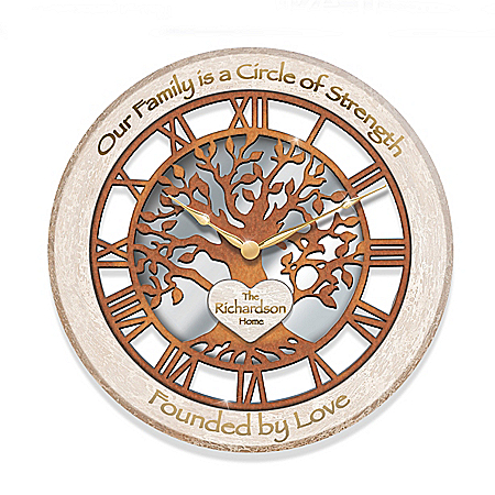 Rooted In Family Openwork Tree Of Life Personalized Round Wall Clock With Roman Numeral Hour Markers