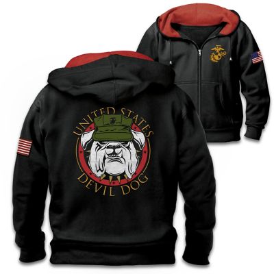 USMC Devil Dog Mens Front-Zip Hoodie With Embroidered Emblem