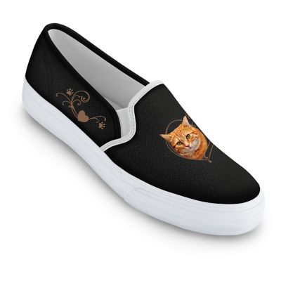 Paw Prints On My Heart Womens Cat-Themed Slip-On Canvas Shoes