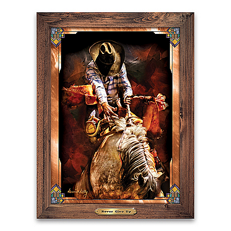 Karen Kelly Never Give Up Bronc-Riding Art Self-Illuminating Stained-Glass Wall Decor With Rustic Wooden Frame