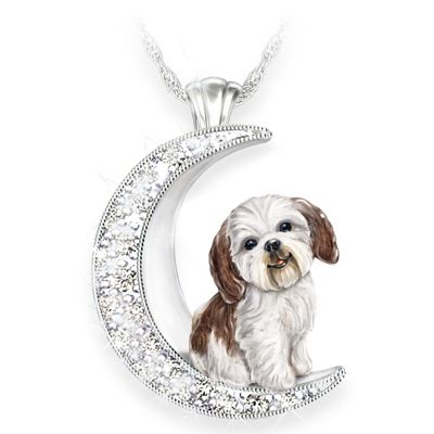 Shih Tzu Pup Swarovski Crystal Moon Pendant Necklace