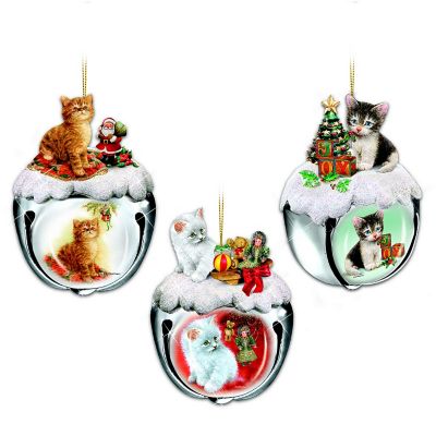 Purrfect Holiday Sleigh Bells Cat-Themed Christmas Ornaments: Set One