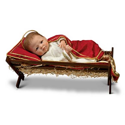 Doll: Jesus, The Savior Is Born Baby Jesus With Wooden Manger Nativity Doll
