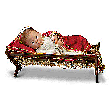 Doll: A Savior Is Born Baby Jesus With Wooden Manger Nativity Doll