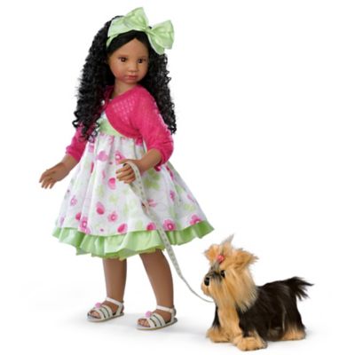 Kayla's Sunday Stroll Poseable Lifelike Child Girl Doll With Yorkie Plush