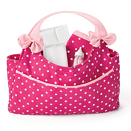 Polka Dot Diaper Bag With Large Front Pocket & Inside Pouches Baby Doll Accessory Set