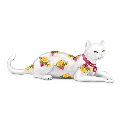 Rose-Patterned China Cat Figurine: Blooming Purr-fection