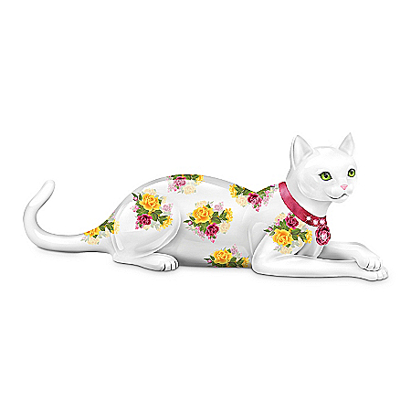 Rose-Patterned China Cat Figurine: Blooming Purr-fection