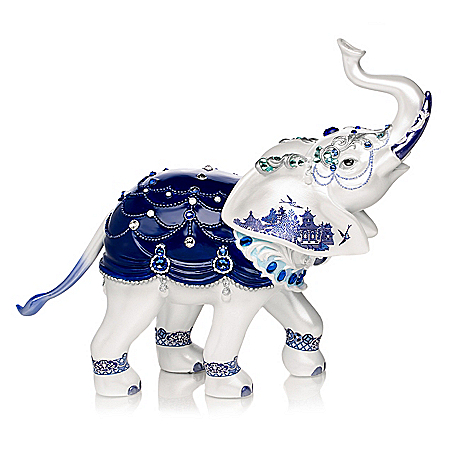 Sparkling Blue Willow Hand-Painted Elephant Figurine Adorned With Swarovski Crystals