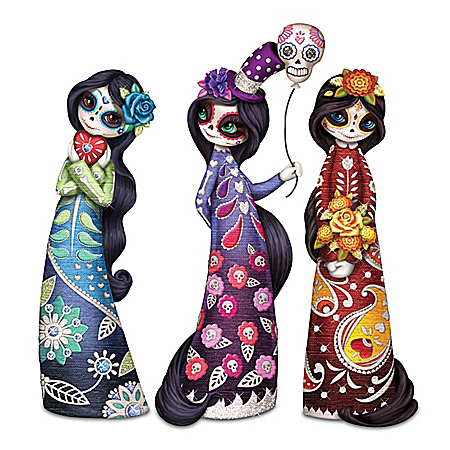 Margaret Le Van Love, Faith And Peace Hand-Painted Sugar Skull Trio Figurine Set