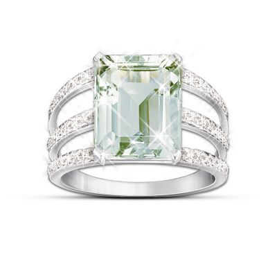 Triple Band Sheer Radiance Green Amethyst & Diamond Ring With Pave Setting