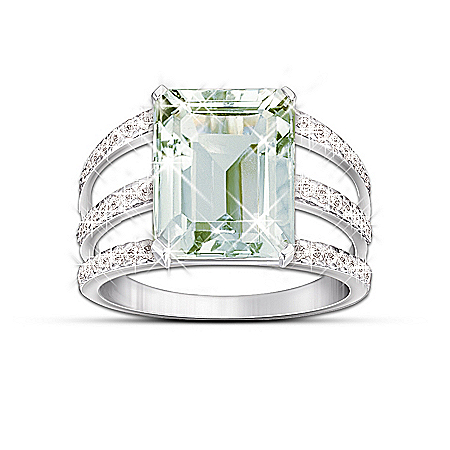 Triple Band Sheer Radiance Green Amethyst & Diamond Ring With Pave Setting