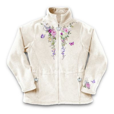 Lena Liu Garden's Perfection Women's Fleece Jacket With Floral Embroidery: Unique Garden Lover Gift