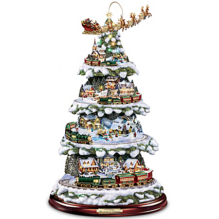 Thomas Kinkade Animated Tabletop Christmas Tree With Train: Wonderland Express