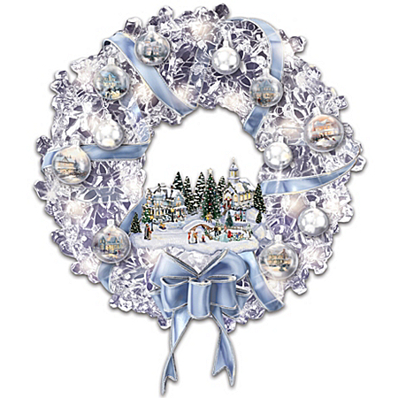 Thomas Kinkade Blown Glass Ornament Illuminated Christmas Wreath: Holiday Brilliance