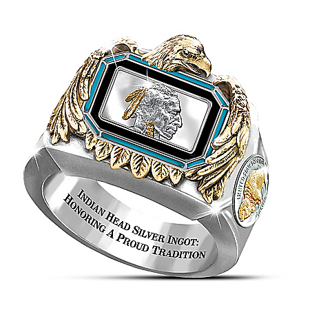 Silver Indian Head Ingot With 24K-Gold Plating Ring