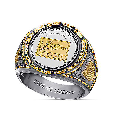 Benjamin Franklin Join Or Die Ring In 99.9% Silver And 24K Gold Plating