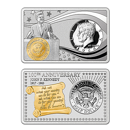 JFK 100th Anniversary Silver Bar And Half-Dollar Coin Set With Custom Mahogany-Finish Display Case