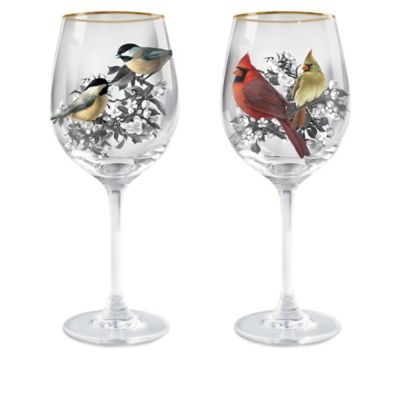 Birds And Blossoms Wine Glass Collection: Set Of Two Stem Wine Glasses