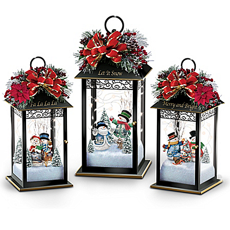 Thomas Kinkade Sparkling Snowfall Illuminated Holiday Table Centerpiece Snowman Lantern Collection