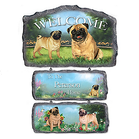 Lovable Pugs Personalized Welcome Sign Home Decor Collection