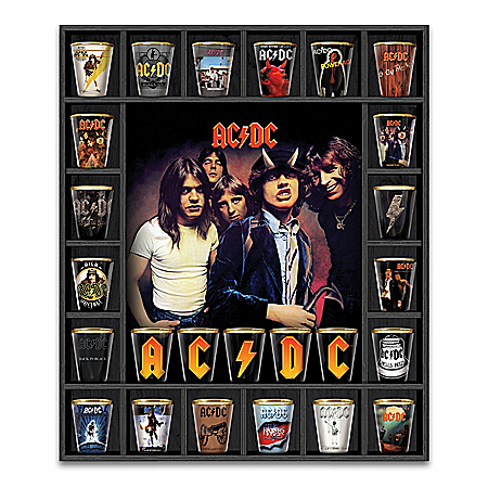 AC/DC Album Covers Shot Glass Collection With Custom Wooden Display Case