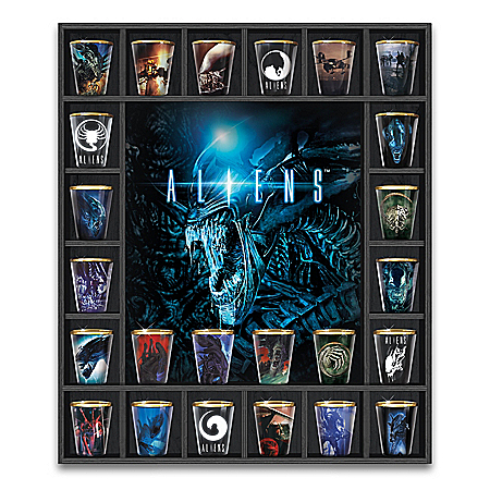 Aliens Shot Glass Collection With Custom Wooden Display Case