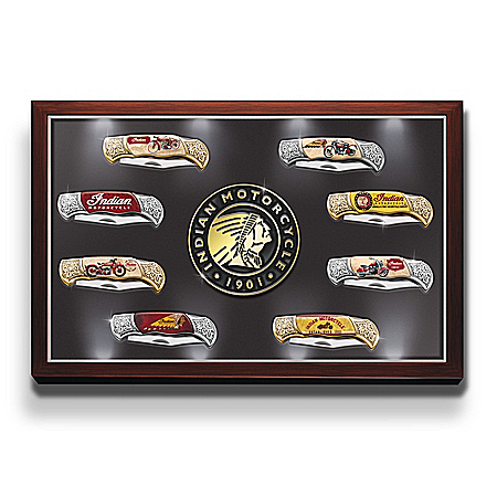 Indian Motorcycle Legacy Folding Knife Collection With Custom Illuminated Display Case