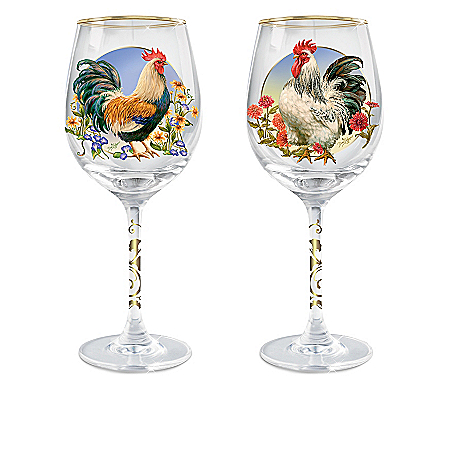 Country Charm Rooster-Themed Triple-Fired Wine Glass Collection