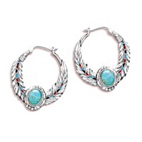 Sedona Sky Sterling Silver Turquoise Hoop Earrings With Eagle Feather Design