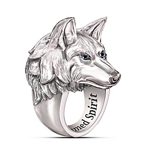 Men's Stainless Steel Wolf Ring With Black Sapphire Eyes