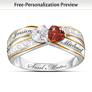 "Two Hearts Become Soul Mates" Topaz & Garnet Engraved Ring