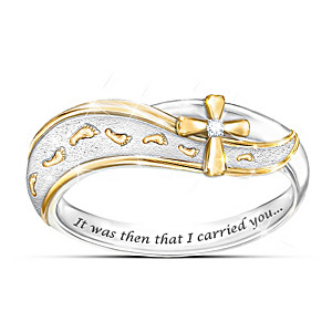 "Footprints In The Sand" Diamond Cross Engraved Ring