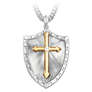 "Strength In The Lord" Men's Shield Diamond Pendant Necklace