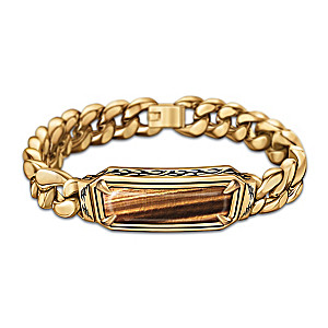 Tiger's Eye Engraved Men's Bracelet Ion Plated With 24K Gold