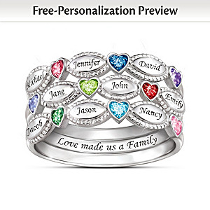 "My Family, My Love" Name-Engraved Birthstone Ring Set