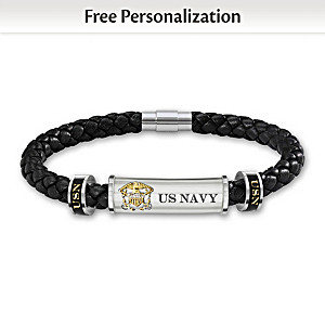 U.S. Navy Men's Leather Bracelet Personalized With Initials