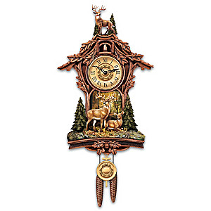 Whitetail Gathering Wall Clock With Buck Sculpture