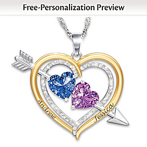 "Love Struck" Name-Engraved Couples Birthstone Necklace