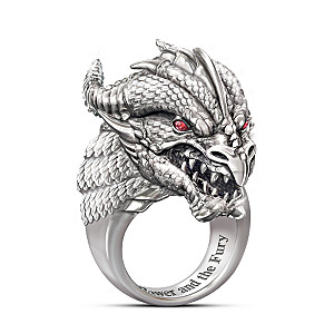 "Power And Fury" Sculpted Dragon Head Ring With Ruby Eyes
