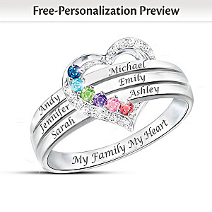 "My Family, My Heart" Name-Engraved Birthstone Ring