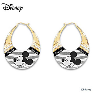 Hoop Earrings With Disney Mickey Mouse Art And 12 Crystals