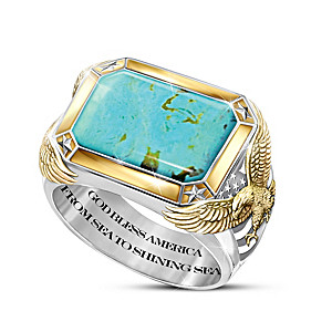 "God Bless America" Patriotic Genuine Turquoise Men's Ring