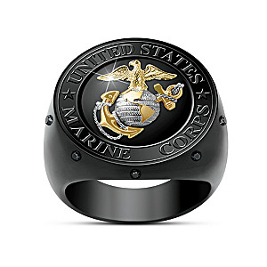 USMC "Semper Fidelis" Men's Ring With 8 Black Sapphires