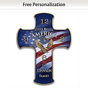 "God Bless America" Personalized Wooden Cross Wall Clock